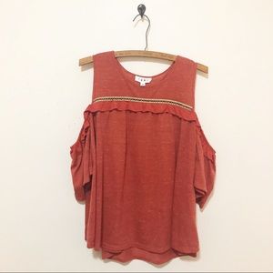 THML Cold Shoulder Ruffle Edge Short Sleeve Top